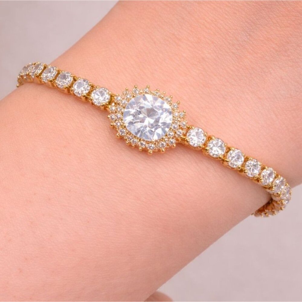 Vintage Swarovski Crystal Tennis Bracelet Halo Center Gold Overlay Slider